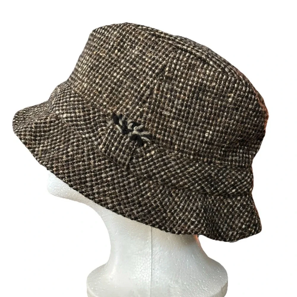 Vtg David Hanna Tweed Bucket Hat Donegal Ireland Wool 7.25 Brown Missing Feather